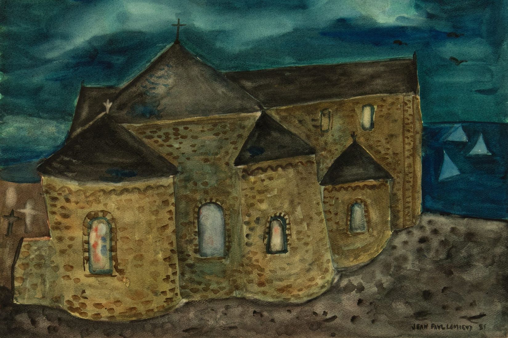 Jean Paul Lemieux, <i>Église de Saint-Gildas, Bretagne</i>, (détail), 1955. Collection du Musée d’art de Joliette. © Gestion A.S.L. Inc. /// Jean Paul Lemieux, <i>Église de Saint-Gildas, Bretagne</i>, (detail), 1955. Musée d’art de Joliette Collection. © Gestion A.S.L. Inc.