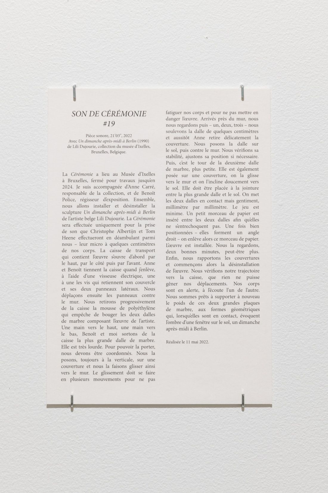 Béatrice Balcou, <i>Protocoles des Cérémonies sans titre, extraits du livre monographique « Cérémonies & », Émilie Renard (dir.), Gand, MER, 2021</i>, 2022. Photo : Paul Litherland