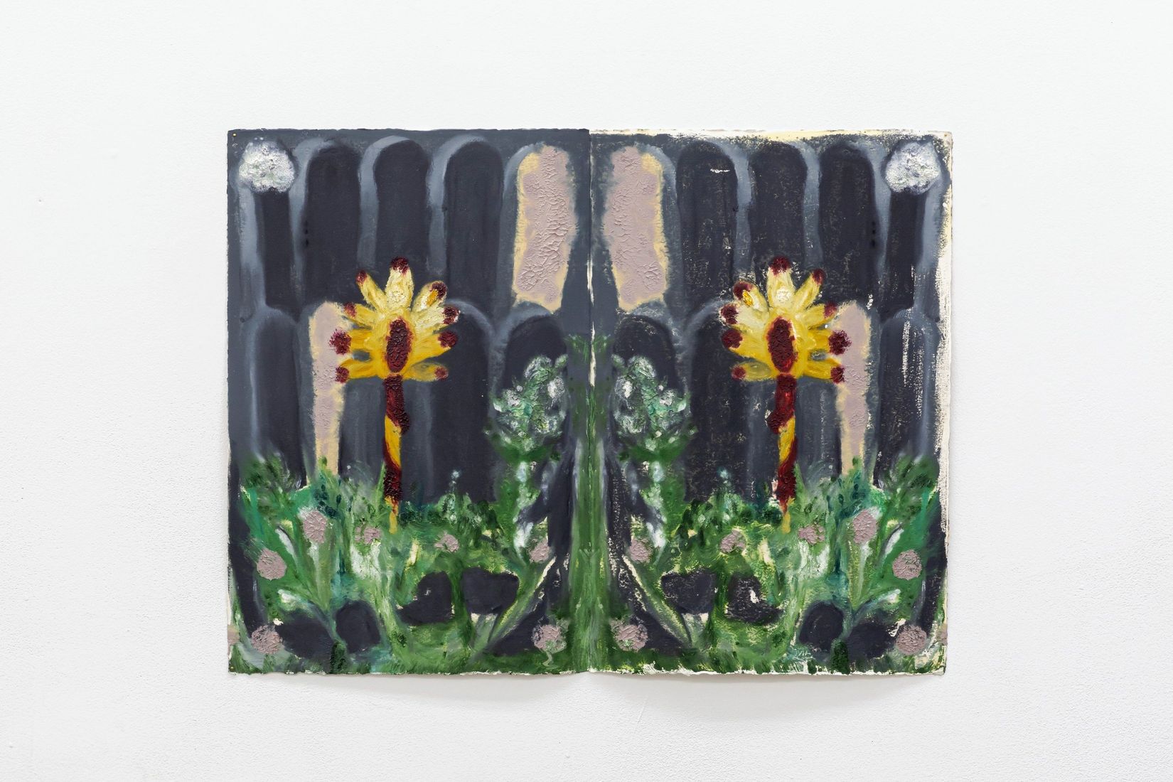 Amanda Boulos, <i>À perte de vue</i>, dimensions variables, détail de l'installation, peinture à l’huile sur papier, 2024–en cours. Photo : Toni Hafkenscheid