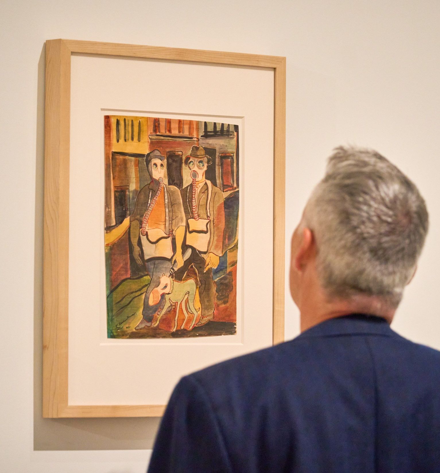 Fritz Brandtner, <i>Men of 1939</i>, 1939, Plume et pinceau avec encres noire et de couleur sur bois à placage doublé de papier, 34 x 24,7 cm. Musée des beaux-arts du Canada, Ottawa. Photo : Romain Guilbault