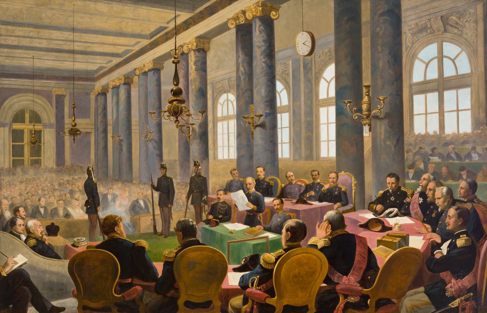 Titre : <i>Procès du maréchal Bazaine. La salle d’audience du premier conseil de guerre, première séance et lecture du rapport d’accusation</i><br> Artiste : Antoine Plamondon<br> Année : 1874<br>