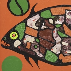 Norval Morrisseau (1932 - 2007) Salmon, 20e siècle  Huile sur toile cartonnée 70,2 x 100.5 x 6 cm  Don de Charles F. Johnson 1991.012 Photo: Musée d'art de Joliette ©   Norval Morrisseau